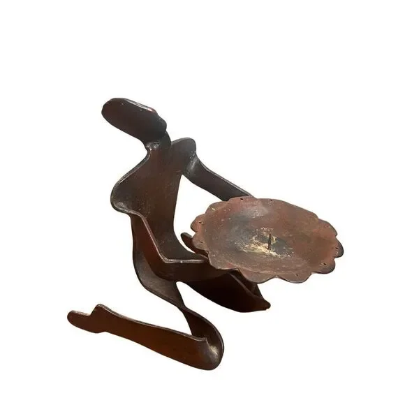 Brutalist Cast Iron Metal Person Sculpted Shaped Candle Holder Display Vtg